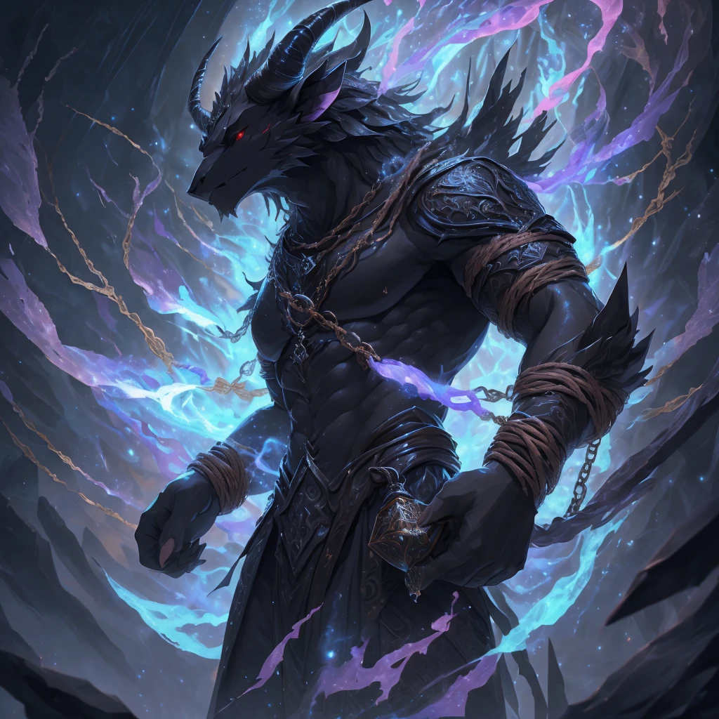 absurdres, Perfect Anatomy, magnificent picture, (ultra detailed), sharp focus,niji, eyesgod, beast, Anthropology, (dramatic)epic, masterpiece, red eye, ((chimera)), (pure black body color:1.3), male, black curved horn, (unbound:1.6), (naked upper body), (medieval handcuff chained:1.3), fierce appearance, (fragrance of mist:1.5), strong compose, (mystical mist:1), magnificent picture, ((ultra detailed)), sharp field, anthro, award winning, HD, 16k, (best quality, 4k,8k,highres, masterpiece:1.2), perfect body proportion:1.5, sharp focus, niji, eyesgod, soft art, ultra-detailed, (lightly warm rays, ethereal, dreamy, dream-like, peaceful), ultra detailed face, depth of field, motion blur, high details, high quality, award winning, HD, 16k, (best quality, 4k,8k,highres, masterpiece:1.2), soft art, ultra-detailed