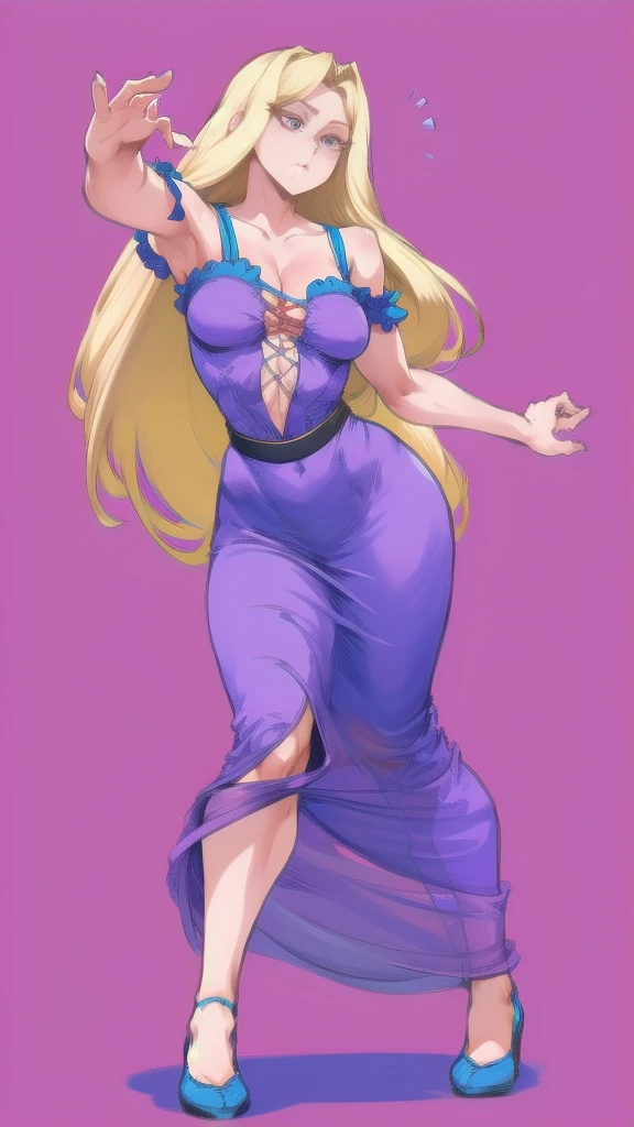 Full body image of Rapunzel from Tangled, full body in image, wearing her original outfit (purple dress), long golden hair, female body, slender and graceful body, dynamic pose, detailed pose, simple background, expressive face showing curiosity, focus on face, line art, sketch