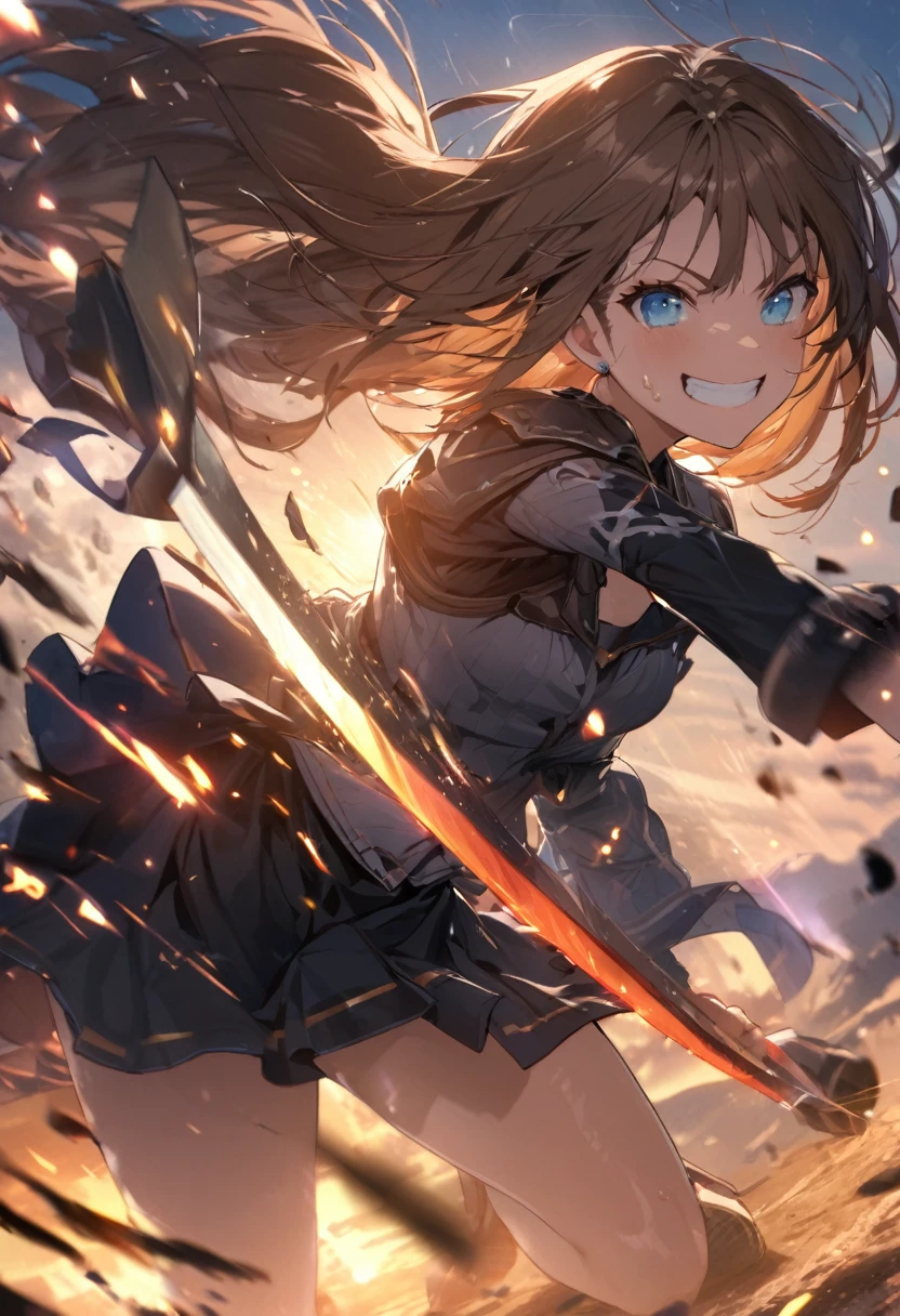 Brat, ((masterpiece)), High resolution, 10 years old、girl、 Brown Hair、Short Bob、((smile、Grin))、Excited、Sweating all over the body、Bright Blue Eyes、smile、((Grin))、Earrings、(((Fight with a sword)))、Sparks fly、Disturbed、Strong light、Strong winds、highlight、Motion Blur、Simple armor(mini skirt、wind lift:1.0)、Shallow depth of field、final battle、Fantastic、tense、Powerful combat、shock wave、Shining starry sky、dusk、Perfect Anatomy