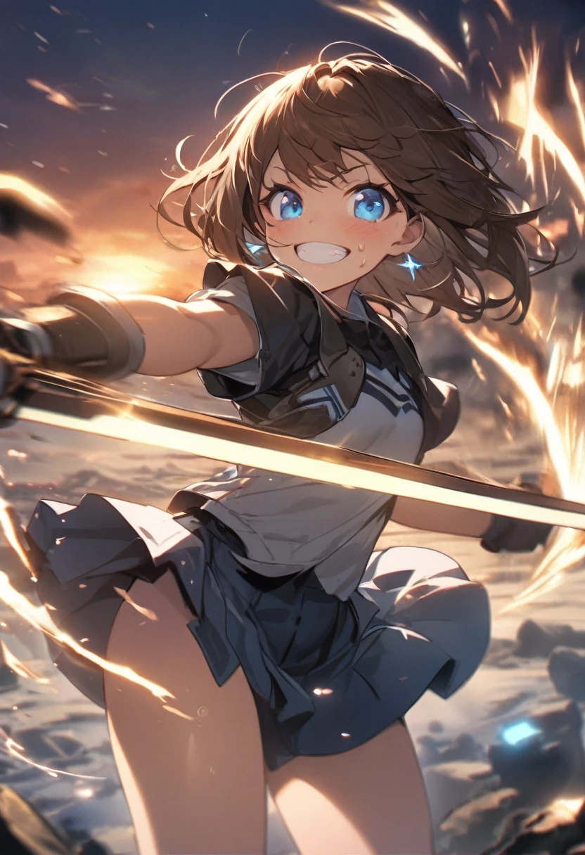 Brat, ((masterpiece)), High resolution, 10 years old、girl、 Brown Hair、Short Bob、((smile、Grin))、Excited、Sweating all over the body、Bright Blue Eyes、smile、((Grin))、Earrings、(((Fight with a sword)))、Sparks fly、Disturbed、Strong light、Strong winds、highlight、Motion Blur、Simple armor(mini skirt、wind lift:1.0)、Shallow depth of field、final battle、Fantastic、tense、Powerful combat、shock wave、Shining starry sky、dusk、Perfect Anatomy