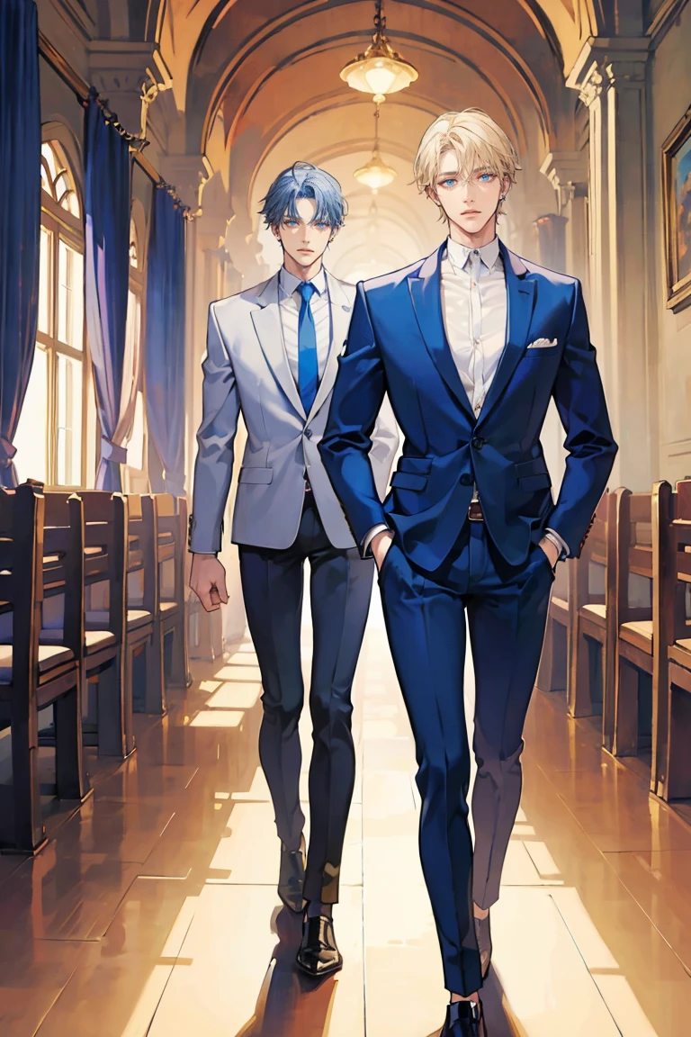 (masterpiece), best quality, seductive eyes, perfect face, handsome man, blue eyes, middle part blonde hair, long nose, tan brown skin, business suit, extremely tall man, long legs, long calves, full body, tall man, long legs, anime cover, 1boy, ear piercings, facial piercings, hands in pockets, adult-like look, pretty but mature man