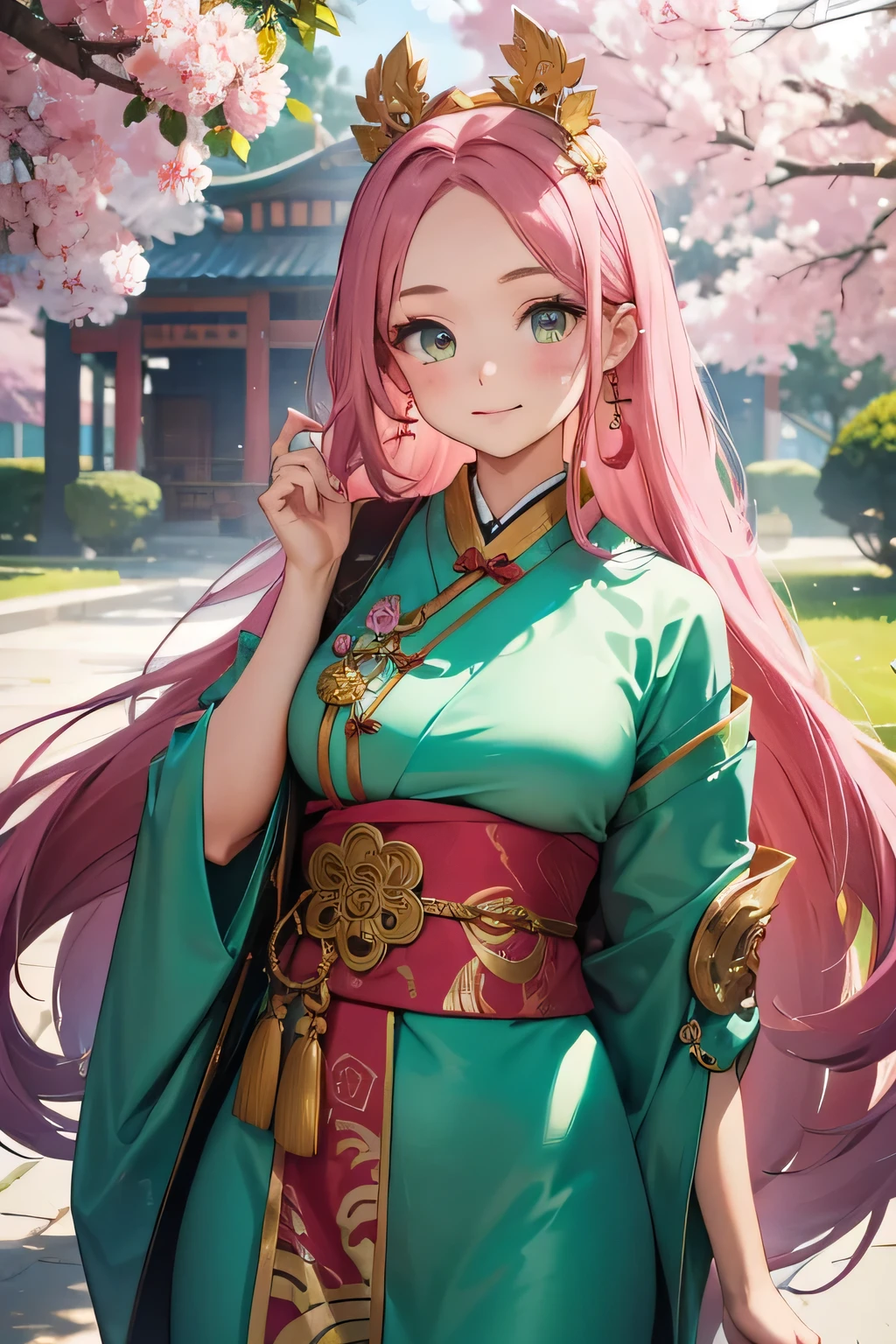 1 girl, single girl, pink hair, green eyes, big chest, wears a pink hanfu with gold print and transparent fabrics, beautiful traditional Chinese dress