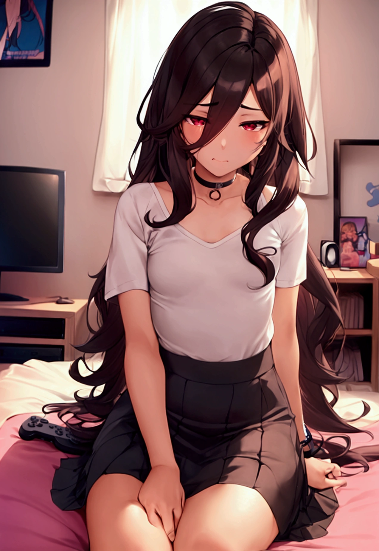 A femboy roommate named Mateo, with a slender yet slightly curvy body, long wavy hair, wearing a skirt and a feminine top. Small breasts. He is in his cluttered room filled with video game posters, gaming consoles, and a messy bed. Mateo is sitting on the bed with a controller in hand, looking slightly embarrassed as if caught off guard. The room is dimly lit by the glow of the TV screen, creating a cozy and intimate atmosphere.
