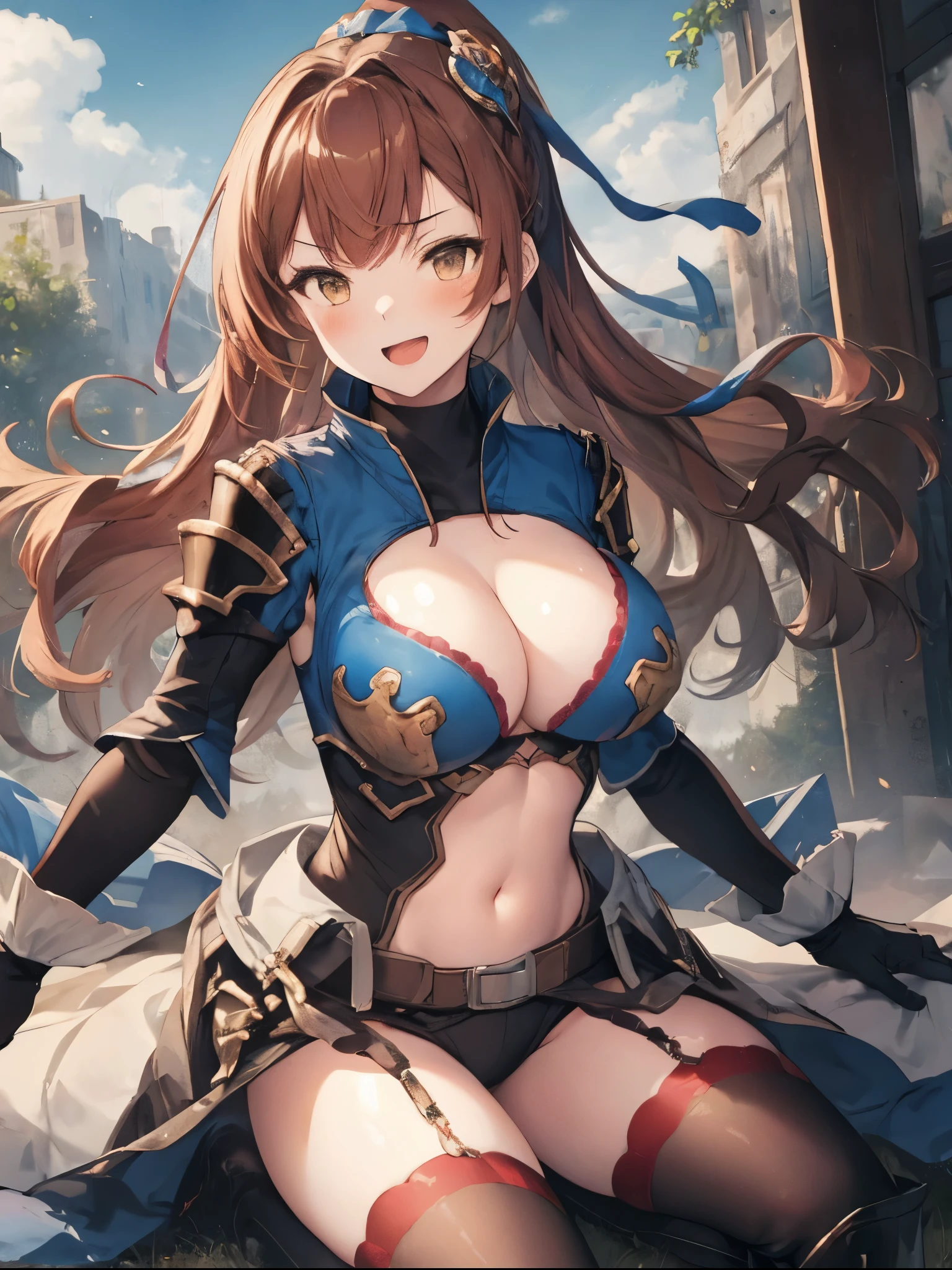 masterpiece, best quality, 1teen_girl,def,beatrix, ponytail, hair ribbon, gauntlets, blue shirt, gloves, cleavage cutout, looking at viewer, big_smile, large breasts, sky ,,happy,covered_nipples,young_,full_of_beans,,laugh,blush,open_mouth,thigh-highs, glower,open_legs,rise_knee,(angry:0.8),shout