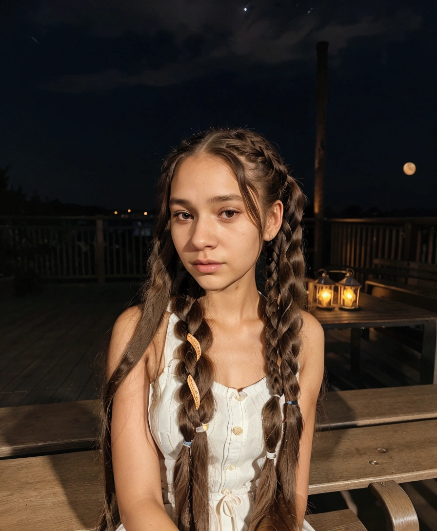 arafed woman with long hair laying on a bench at night, braided hair. evening, with long hair, woman with braided brown hair, Girl with braids, long and shiny hair, ☁🌪🌙👩🏾, she looks like a mix of grimes, leaked image, very very low quality image, pigtails hairstyle, with sunset, 18 years