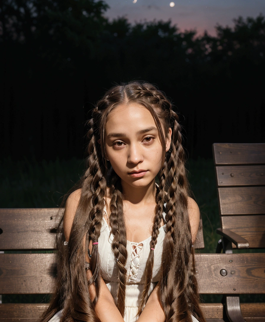 arafed woman with long hair laying on a bench at night, braided hair. evening, with long hair, woman with braided brown hair, Girl with braids, long and shiny hair, ☁🌪🌙👩🏾, she looks like a mix of grimes, leaked image, very very low quality image, pigtails hairstyle, with sunset, 18 years