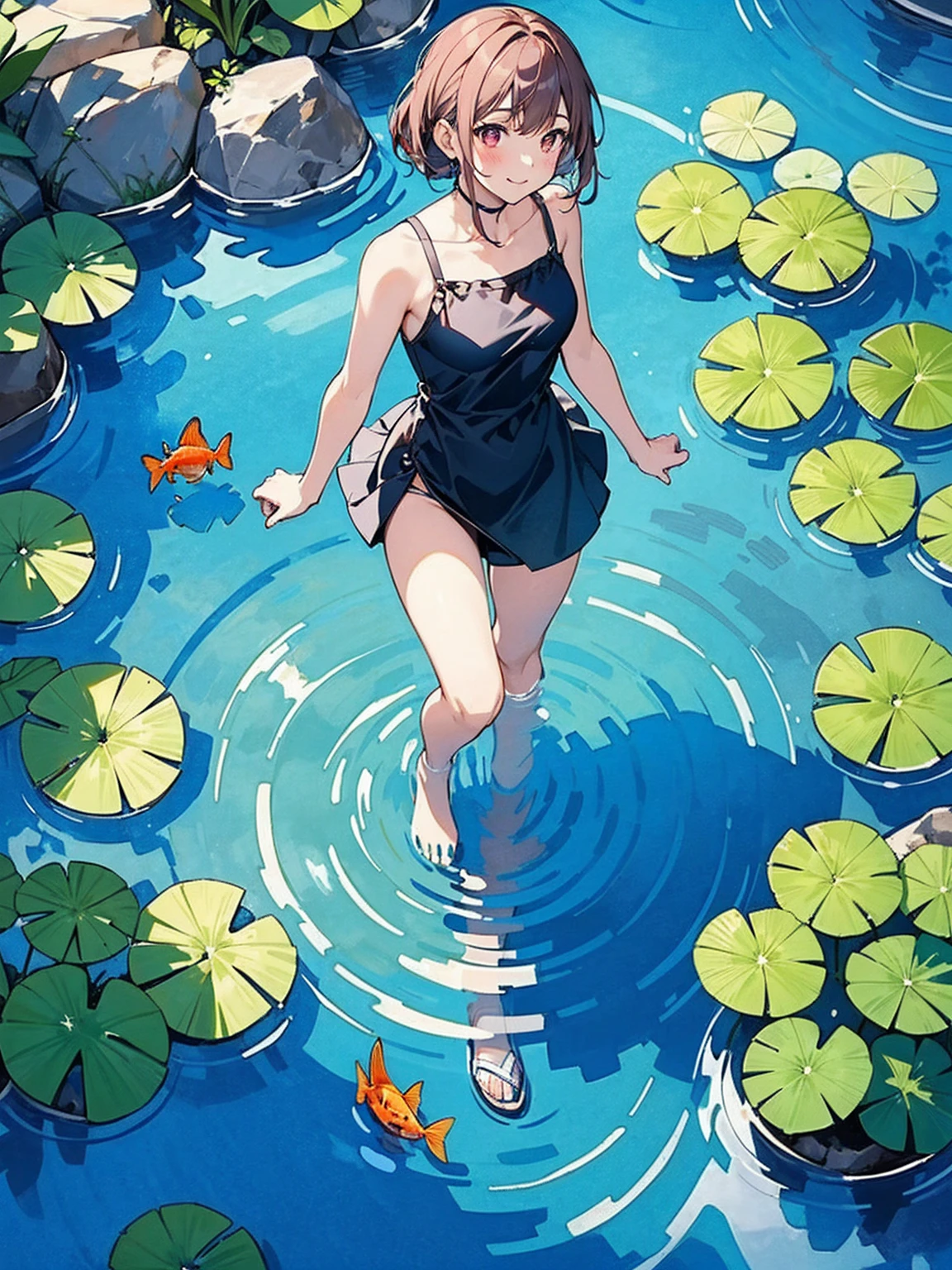 Woman walking on calm water, ((from above:1.5)), From above, Overlooking、Dancing Woman、Bottom Fish, Aquatic plants, Pool, Fish shadow
