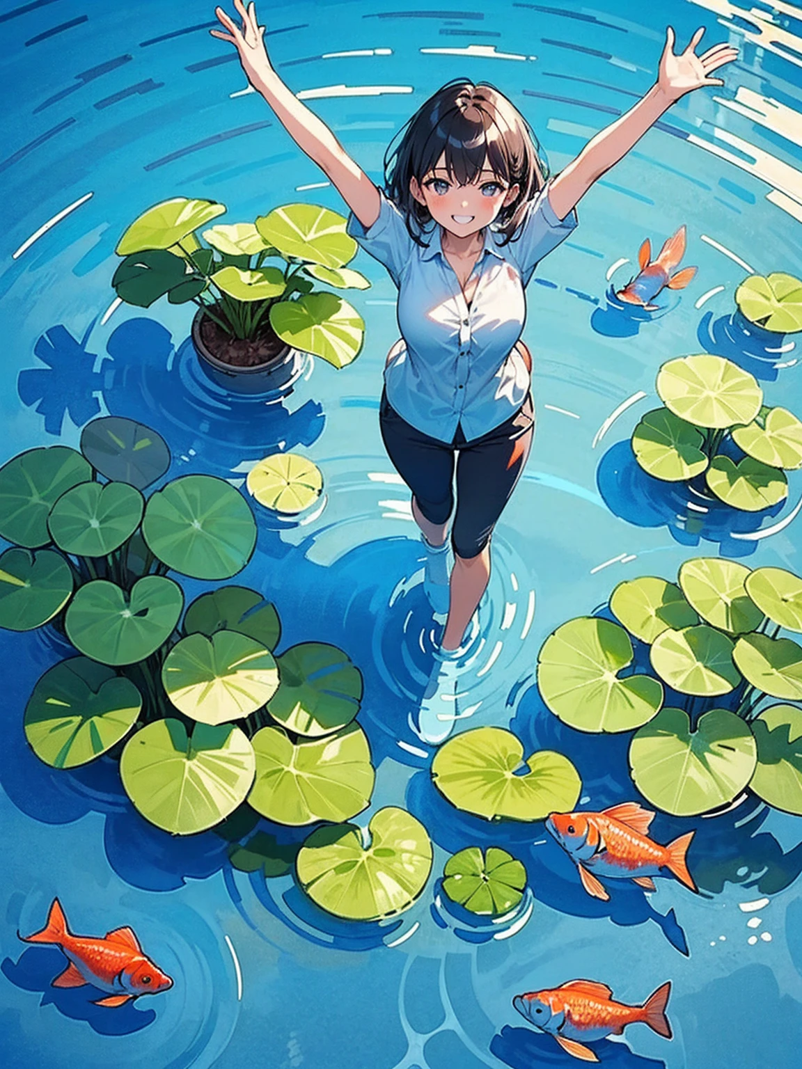 Woman walking on calm water, ((from above:1.5)), From above, Overlooking、Dancing Woman、Bottom Fish, Aquatic plants, Pool, Fish shadow
