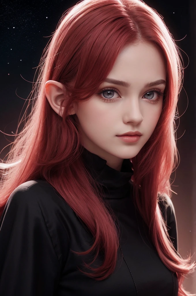 1 , eleven, pointy ears, universo background olho estrela, blush, Perfect outfit, Red hair, Eyes red, Illusion Engine, sidelights, face detailed, bangss, shining skin, simple background, darkness background,