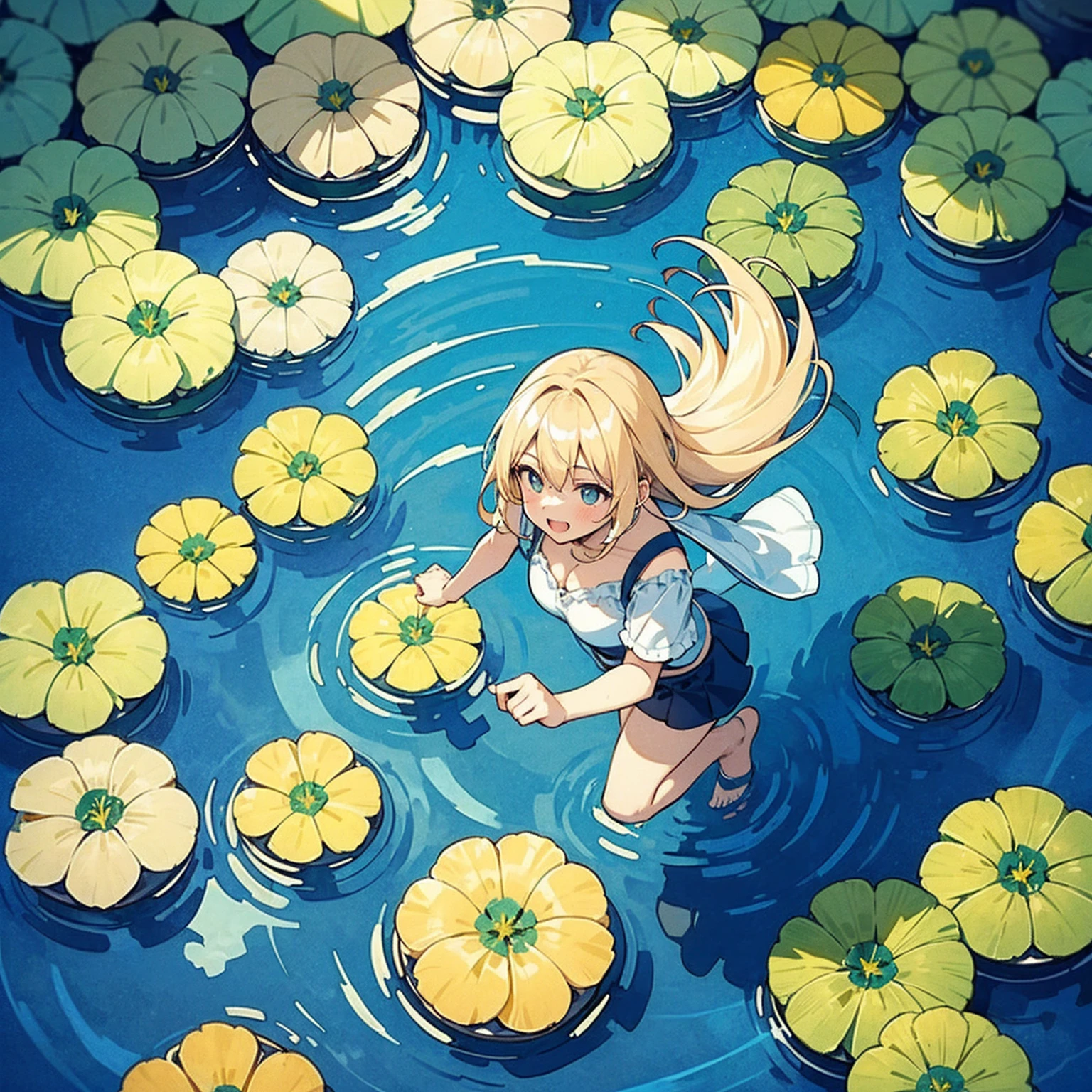 Woman walking on calm water, ((from above:1.5)), From above, Overlooking、Dancing Woman、Bottom Fish, Aquatic plants, Pool, Fish shadow

