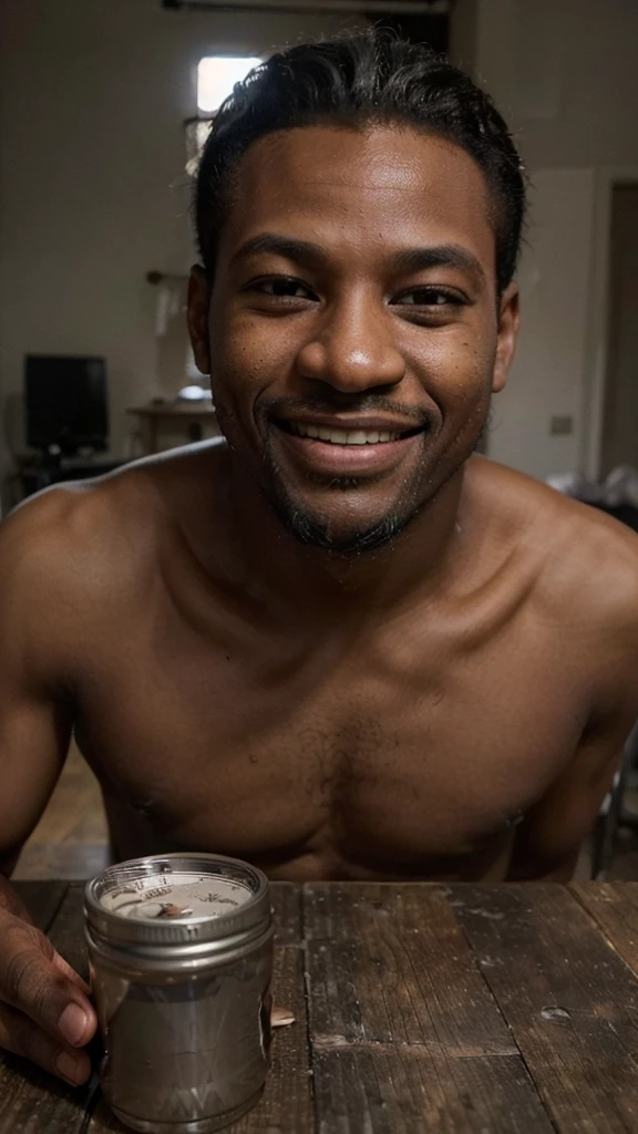 ((long distance shot:1.5)), a black man, small beard, wrinkled, weathered, with piercing eyes, smile, detailed face, high details, sitting on the bed, bed on the background