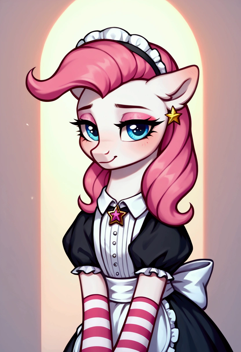 score_9,score_8_up,score_7_up,score_6_up, ((my little pony)), radiant lighting, vibrant colors, whimsical atmosphere, 8K, high resolution, highly detailed, masterpiece, (shy look), ((pony body)), ((brightness white body)), blue eyes, (maid costume), striped stockings, star pendant, earrings, eyeshadow, (very long pink hair:1.3), ((seductive pose)), (devoted gaze)
