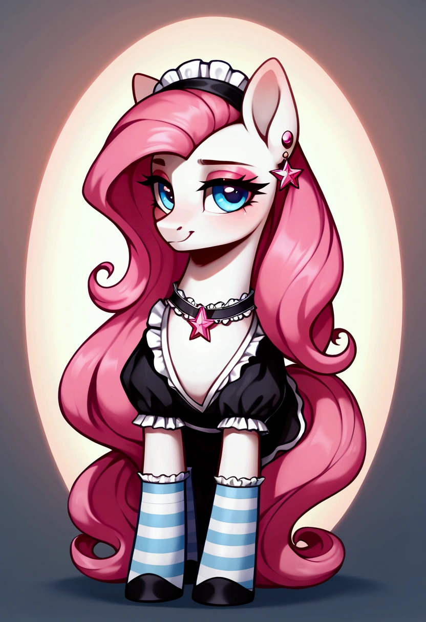 score_9,score_8_up,score_7_up,score_6_up, ((my little pony)), radiant lighting, vibrant colors, whimsical atmosphere, 8K, high resolution, highly detailed, masterpiece, (shy look), ((pony body)), ((brightness white body)), blue eyes, (maid costume), striped stockings, star pendant, earrings, eyeshadow, (very long pink hair:1.3), ((seductive pose)), (devoted gaze)