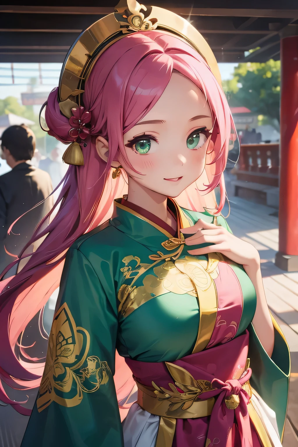 1 girl, single girl, pink hair with Chinese gold headdresses, green eyes, big chest, wears a pink hanfu with gold print and transparent fabrics, beautiful traditional Chinese dress