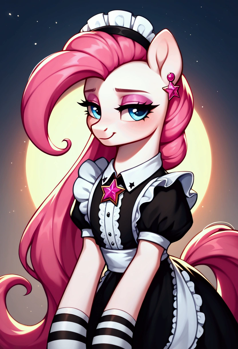 score_9,score_8_up,score_7_up,score_6_up, ((my little pony)), radiant lighting, vibrant colors, whimsical atmosphere, 8K, high resolution, highly detailed, masterpiece, (shy look), ((pony body)), ((brightness white body)), blue eyes, (maid costume), striped stockings, star pendant, earrings, eyeshadow, (very long pink hair:1.3), (((seductive pose))), (devoted gaze)