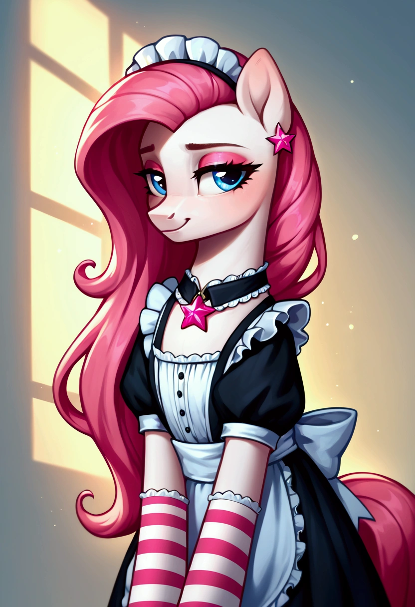 score_9,score_8_up,score_7_up,score_6_up, ((my little pony)), radiant lighting, vibrant colors, whimsical atmosphere, 8K, high resolution, highly detailed, masterpiece, (shy look), ((pony body)), ((brightness white body)), blue eyes, (maid costume), striped stockings, star pendant, earrings, eyeshadow, (very long pink hair:1.3), (((seductive pose))), (devoted gaze)