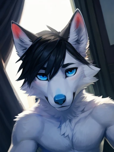Art from the chest up, looking to the viewers right side of the screen with his entire body facing towards the viewers right side of the screen, completely green and blank background with nothing but green , Atlas a white Anthropomorphic male wolf with black hair and blue eyes and a blue nose )) , looking towards the viewers right side of the screen , )) , day, , sensual, detailed, uploaded to e621, beautiful and detailed portrait of an anthropomorphic , (((male))) uploaded to e621, zaush, foxovh, movie lighting, thicc, alone, detailed, 8k res, hires, detailed eyes, good anatomy, good perspective, towards viewer, by bebebebebe, by sicklyhypnos, by gerkk, by orf, nice hands, perfect hands, happy, romantic, ray tracing lighting, rtx on, By Bebebebebe, by SpiritD, by KOBITOWANI, b est quality, masterpiece, perfect anatomy, detai led picture)), 1femboy, , sexy body, fluffy tail, shy, horny, romantic,zoomed out , wearing not a single bit of clothing, Atlas a white Anthropomorphic male wolf with black hair and blue eyes and a blue nose