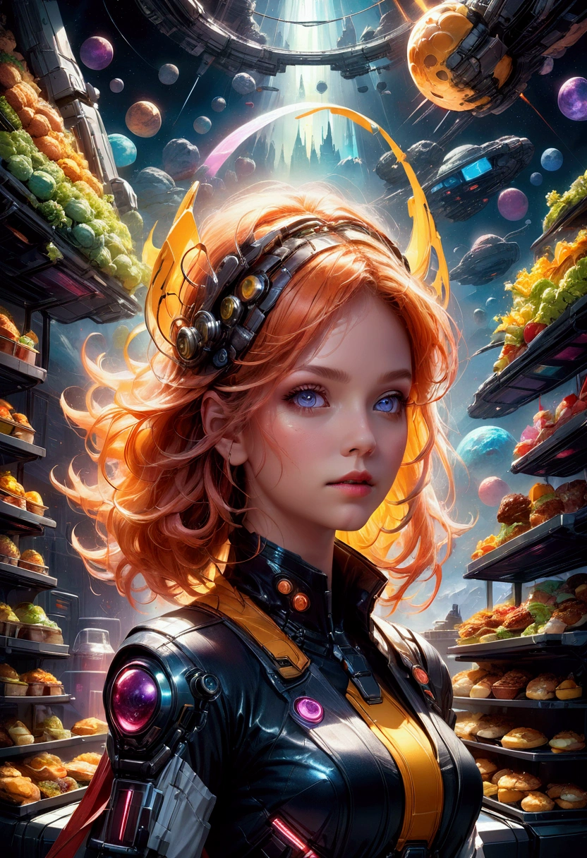 1girl, Fast Food Worker, award-winning illustration, concept art, digital painting, spaceship food truck flying through asteroid field, serving space miners, neon lights, holographic menu, robot chef, (food: space burgers, alien nachos, cosmic cola), sci-fi atmosphere, highly detailed spaceship design/aesthetic, 4k resolution, hyper-detailed, detailed matte painting, deep color, fantastical, intricate detail, splash screen, complementary colors, fantasy concept art, 8k resolution trending on Artstation Unreal Engine 5, masterpiece, best quality, very aesthetic, absurdres