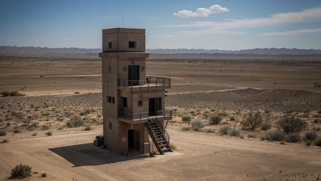 high,Military watchtower made of dark concrete.,in a desert,garage attached to the side,