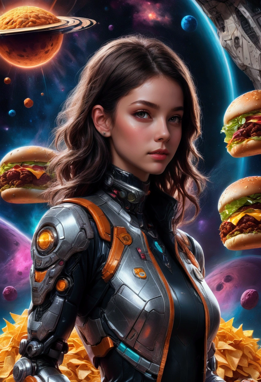 1girl, Fast Food Worker, award-winning illustration, concept art, digital painting, spaceship food truck flying through asteroid field, serving space miners, neon lights, holographic menu, robot chef, (food: space burgers, alien nachos, cosmic cola), sci-fi atmosphere, highly detailed spaceship design/aesthetic, 4k resolution, hyper-detailed, detailed matte painting, deep color, fantastical, intricate detail, splash screen, complementary colors, fantasy concept art, 8k resolution trending on Artstation Unreal Engine 5, masterpiece, best quality, very aesthetic, absurdres