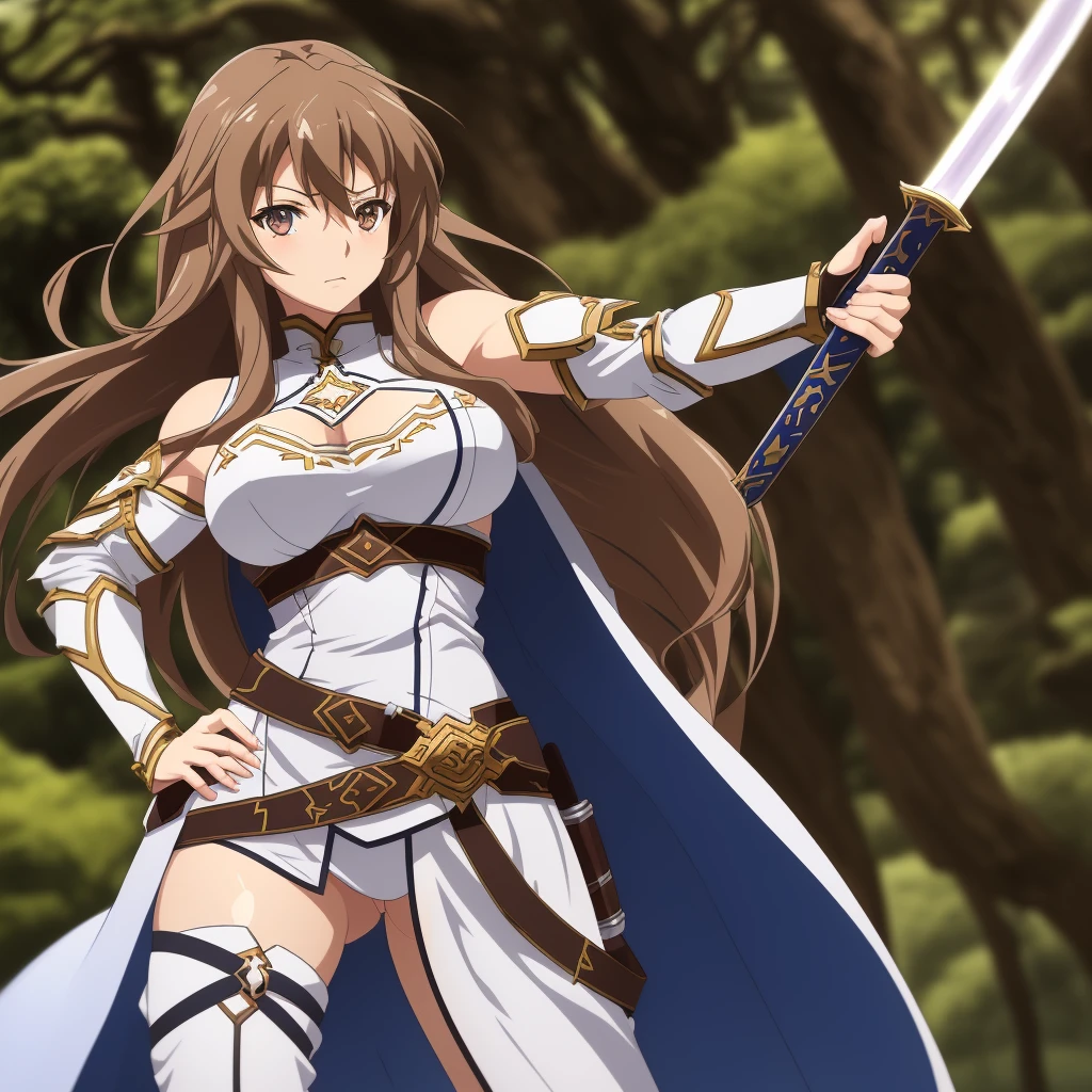 Illustration, Asuna Yuuki, Sword Art Online, anime girl, long brown hair (curly, and with a few loose strands), kind expression (with a hint of determination), white and blue armor (detailed, intricate, and with a few scratches), large breasts (34C, firm, and perky), athletic build (lean, and with a subtle six-pack), smooth skin (porcelain-like complexion, with a subtle sheen), toned arms (muscular, and with a few scars), intricate details (dainty fingers, with a few rings, and a sword on her right hand), dynamic pose (standing forward, with her right hand holding the sword, and her left hand on her hip), soft lighting (warm, and with a few highlights), background (a blurred, fantasy-inspired landscape, with a few trees), camera angle (slightly above, with a subtle tilt), 4k, high resolution, ultra high resolution, intricate detail, detailed texture, adventurous atmosphere, solo character, single figure