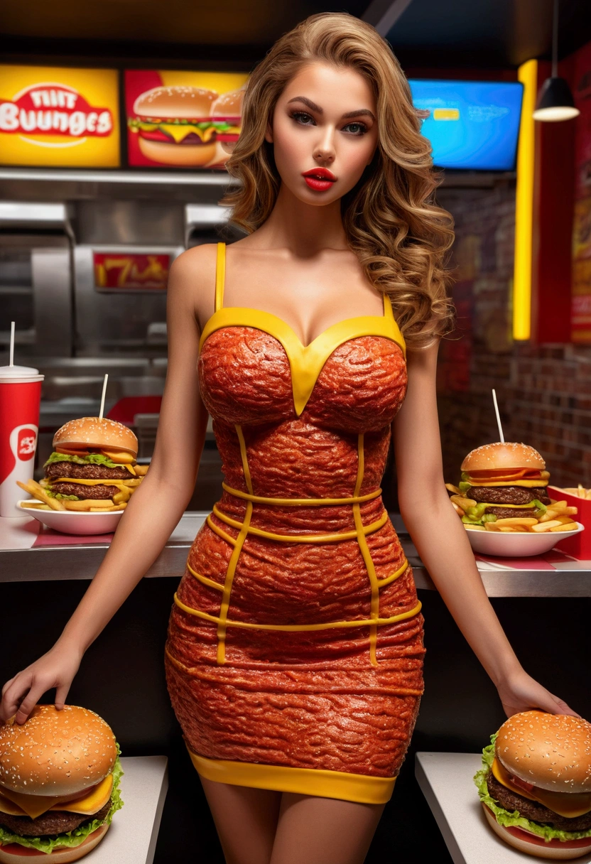 a beautiful young woman in a fast food restaurant, tight sexy dress made of burgers, detailed face, beautiful eyes, long eyelashes, detailed lips, slender figure, dynamic pose, vibrant colors, dramatic lighting, photorealistic, 8k, high quality, concept art