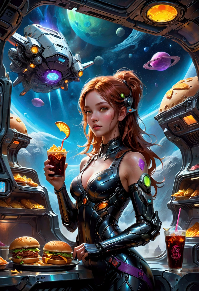1girl, Fast Food Worker, award-winning illustration, concept art, digital painting, spaceship food truck flying through asteroid field, serving space miners, neon lights, holographic menu, robot chef, (food: space burgers, alien nachos, cosmic cola), sci-fi atmosphere, highly detailed spaceship design/aesthetic, 4k resolution, hyper-detailed, detailed matte painting, deep color, fantastical, intricate detail, splash screen, complementary colors, fantasy concept art, 8k resolution trending on Artstation Unreal Engine 5, masterpiece, best quality, very aesthetic, absurdres