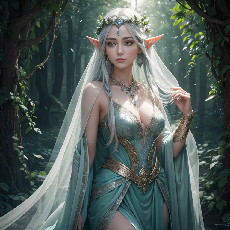 Ageless High Elf Queen, moonlit silver skin, white waist-length hair, luminescent flower decorations, emerald eyes, delicate crown of leaves and dewdrops, elvish gown of spider-spun moonlit threads, regal posture, pointed ears with dainty earrings, groomed for leadership, guardian of Shimmerwood, eternal twilight realm, harmony with nature, skyward elvish settlements, melodious voice, scholarly, curious, gentle touch, elf diplomat, ancient knowledge seeker, mystical realms explorer, moonlit ball host, enchanting court. - Ariael Vellanos, the majestic Queen of the Shimmerwood Kingdom, is a vision of ethereal beauty that leaves all who gaze upon her in awe. Her slender frame stands tall, reaching the height of a mature oak tree, and is adorned with skin the color of moonlit silver. Her hair, a cascade of pure white strands, flows down to her waist, often decorated with interwoven strands of luminescent flowers that seem to dance with every graceful movement she makes. Her eyes, a piercing shade of emerald, sparkle with the wisdom of centuries and the mysteries of the ancient elvish lore. A delicate crown of leaves and vines, studded with diamond-like dewdrops, sits upon her brow, a symbol of her eternal bond with the forest. Her gown, woven from the finest silks of spider-spun moonlit threads, shimmers in the light, revealing intricate patterns that mimic the veins of leaves. Her pointed ears, a testament to her elvish heritage, are adorned with dainty earrings that whisper melodies of the night when she moves. Her posture is regal, yet approachable, a blend of the untouchable grace of the elven court and the welcoming warmth of the forest spirits., soft focus, depth of field, 8k photo, HDR, professional lighting, taken with Canon EOS R5, 75mm lens