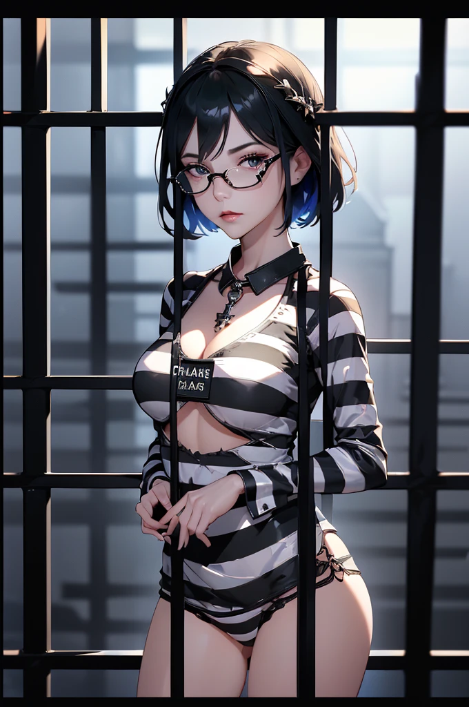 (Rear view, Back picture),(masterpiece:1.3), ((best quality:1.3), I have no idea, 1 girl, Polarized Glasses, old, short hair, solitary, collar, There is a mole above the mouth, sunglasses, large old, ((Ropa About Us)), ((Striped clothes)), prisoner, shirt, Striped prisoner suit, Clothes were torn,upper body, shackles, Black and white lines, (Prison bars background :1.4), (iron groceries),( Showing off black lingerie),( Vibrant colors), (prisoner:1.4 ), (Delicate face :1.4) Beautiful breasts、Huge breasts:1.4