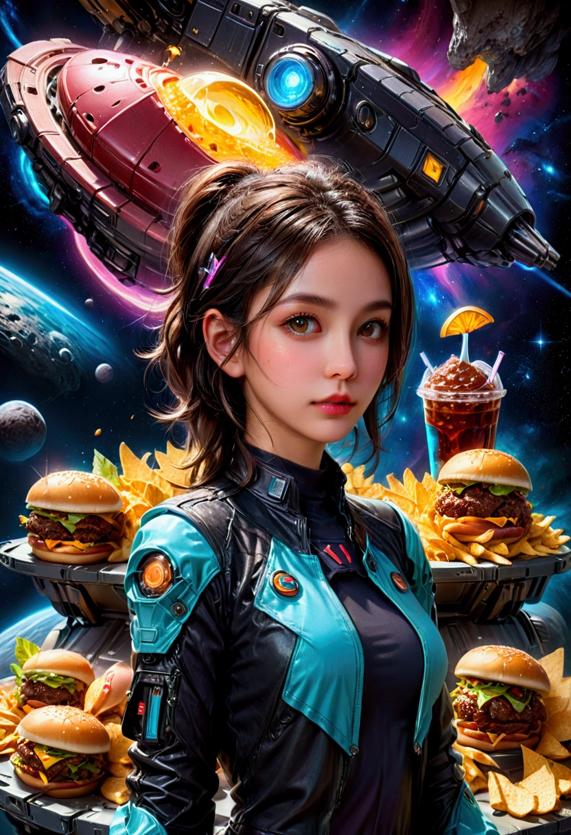 1girl, Fast Food Worker, award-winning illustration, concept art, digital painting, spaceship food truck flying through asteroid field, serving space miners, neon lights, holographic menu, robot chef, (food: space burgers, alien nachos, cosmic cola), sci-fi atmosphere, highly detailed spaceship design/aesthetic, 4k resolution, hyper-detailed, detailed matte painting, deep color, fantastical, intricate detail, splash screen, complementary colors, fantasy concept art, 8k resolution trending on Artstation Unreal Engine 5, masterpiece, best quality, very aesthetic, absurdres
