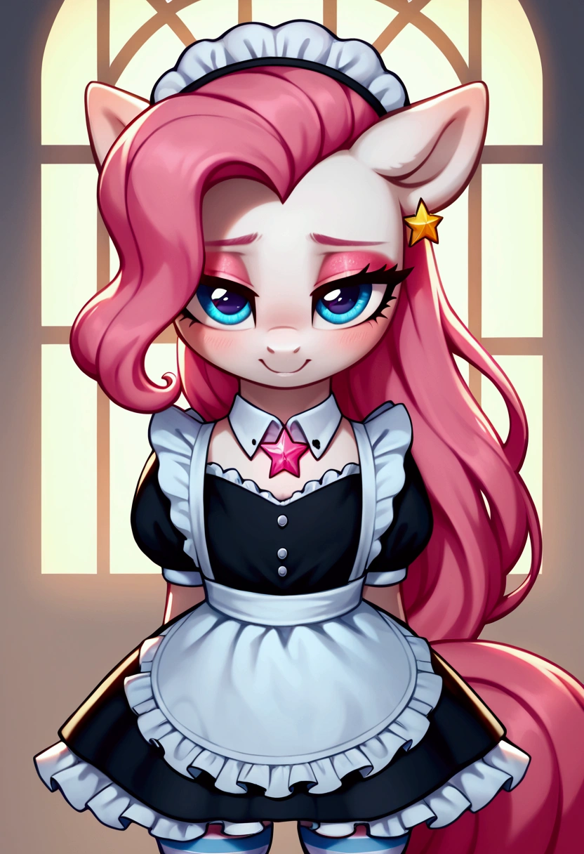 score_9,score_8_up,score_7_up,score_6_up, ((my little pony)), radiant lighting, vibrant colors, whimsical atmosphere, 8K, high resolution, highly detailed, masterpiece, (shy look), ((pony body)), ((brightness white body)), blue eyes, (maid costume), striped stockings, star pendant, earrings, eyeshadow, (very long pink hair:1.3), (((seductive pose))), (devoted gaze)