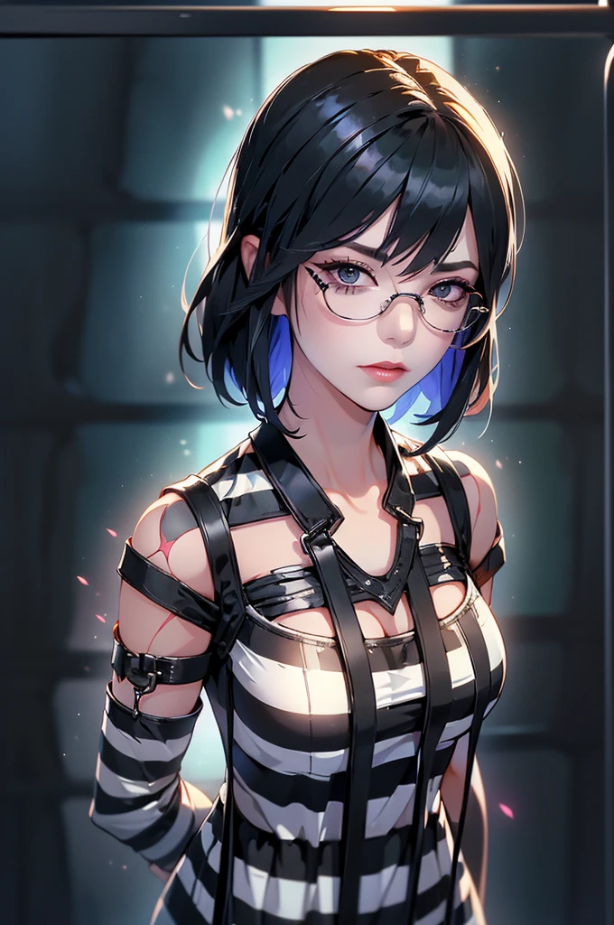 (Rear view, Back picture),(masterpiece:1.3), ((best quality:1.3), I have no idea, 1 girl, Polarized Glasses, old, short hair, solitary, collar, There is a mole above the mouth, sunglasses, large old, ((Ropa About Us)), ((Striped clothes)), prisoner, shirt, Striped prisoner suit, Clothes were torn,upper body, shackles, Black and white lines, (Prison bars background :1.4), (iron groceries),( Showing off black lingerie),( Vibrant colors), (prisoner:1.4 ), (Delicate face :1.4) Beautiful breasts、Huge breasts:1.4