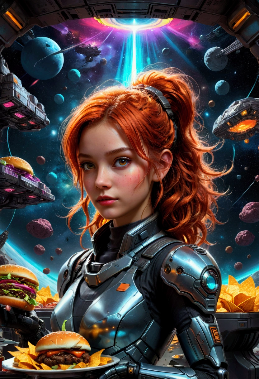 1girl, Fast Food Worker, award-winning illustration, concept art, digital painting, spaceship food truck flying through asteroid field, serving space miners, neon lights, holographic menu, robot chef, (food: space burgers, alien nachos, cosmic cola), sci-fi atmosphere, highly detailed spaceship design/aesthetic, 4k resolution, hyper-detailed, detailed matte painting, deep color, fantastical, intricate detail, splash screen, complementary colors, fantasy concept art, 8k resolution trending on Artstation Unreal Engine 5, masterpiece, best quality, very aesthetic, absurdres