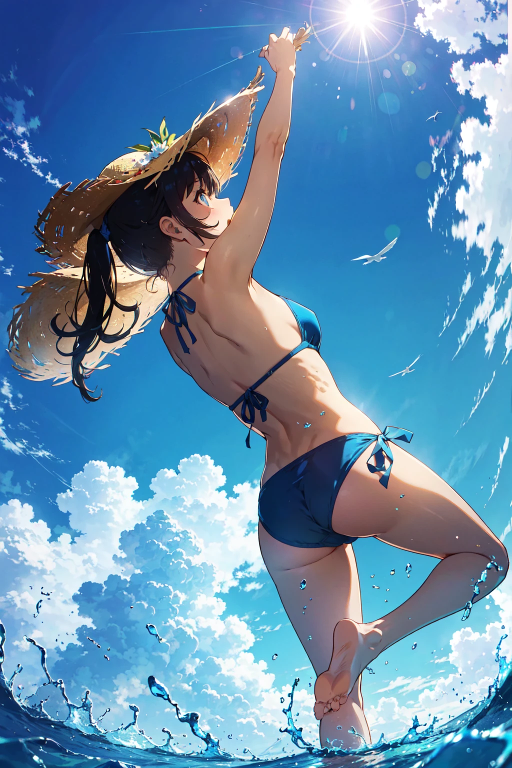 (Looking up at the blue sky:1.3), Ocean, Light of the sun, noon, Angle looking up from below, (Girl in blue bikini:1.1), (big lauth:1.3), (detailed eye:1.3), (Back view:1.3), ponytail, Stand with open arms, arms up, split knees, Stand with your legs wide spread, barefoot, arch her back, Uplifting, Disheveled Hair, Tie the bottom of your T-shirt, Wind, Hold down the straw hat, correct left and right hands