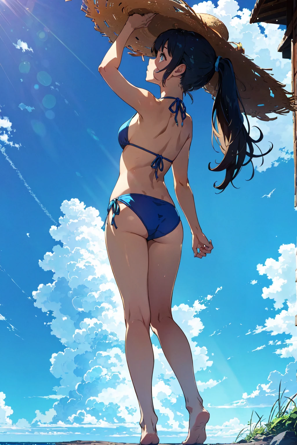 (Looking up at the blue sky:1.3), Ocean, Light of the sun, noon, Angle looking up from below, (Girl in blue bikini:1.1), (big lauth:1.3), (detailed eye:1.3), (Back view:1.3), ponytail, Stand with open arms, arms up, split knees, Stand with your legs wide spread, barefoot, arch her back, Uplifting, Disheveled Hair, Tie the bottom of your T-shirt, Wind, Hold down the straw hat, correct left and right hands