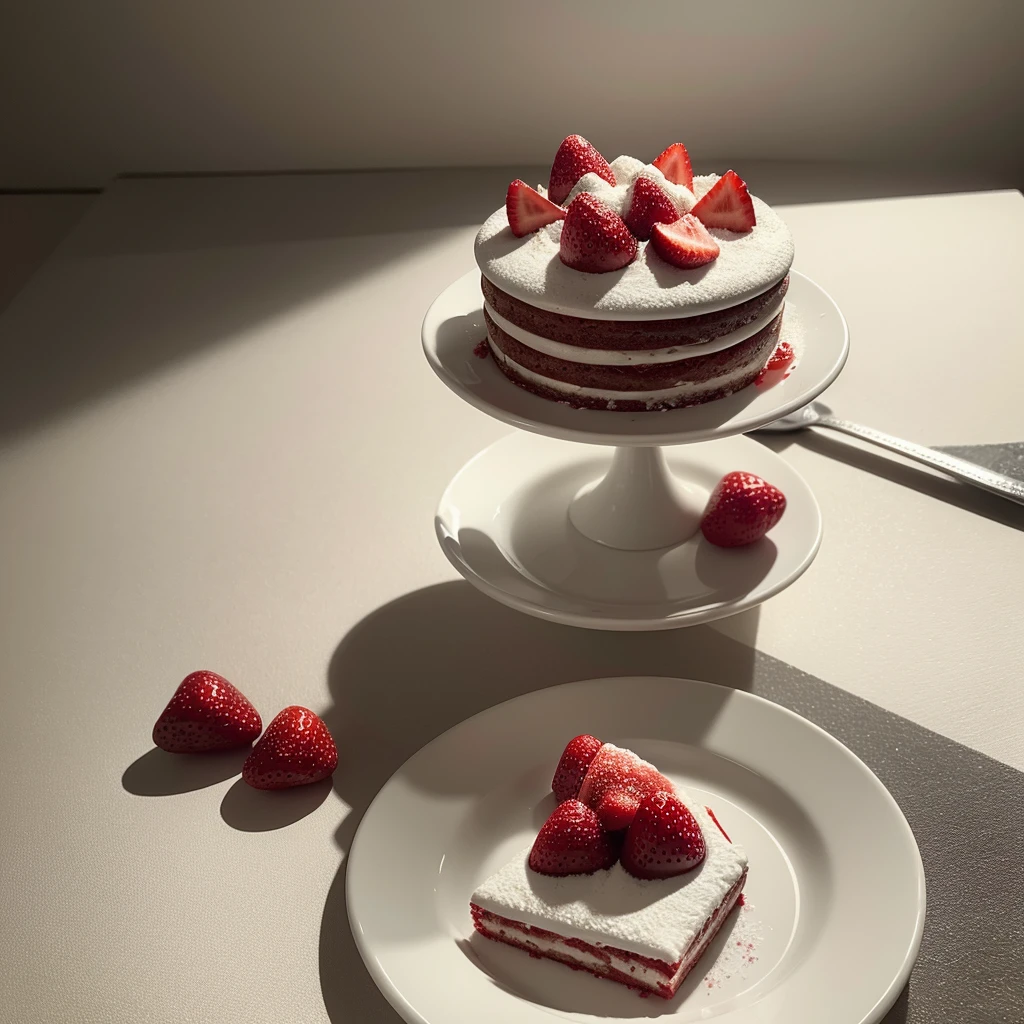top angle shoot, A slice of red velvet cake with strawberries and powdered sugar. Served on a white plate, with clean limbo background, dramatic light, mood & tone tempting, delicious food photography ((masterpiece)) (sharp & detail texture food photography