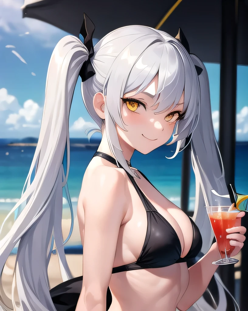 masterpiece, best quality, 1girl, Alley way, Black bikini,holding a cocktail,upper body, from side, science fiction, yellow eyes, twintails, silver hair, looking at viewer,smile,beach background