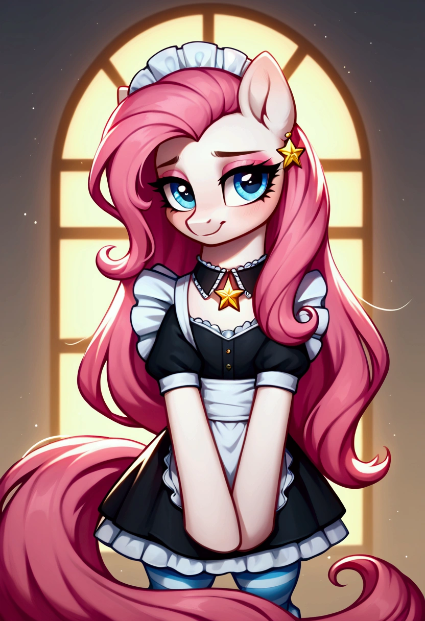 score_9,score_8_up,score_7_up,score_6_up, ((my little pony)), radiant lighting, vibrant colors, whimsical atmosphere, 8K, high resolution, highly detailed, masterpiece, (shy look), ((pony body)), ((brightness white body)), blue eyes, (maid costume), striped stockings, star pendant, earrings, eyeshadow, (very long pink hair:1.3), (((seductive look)))