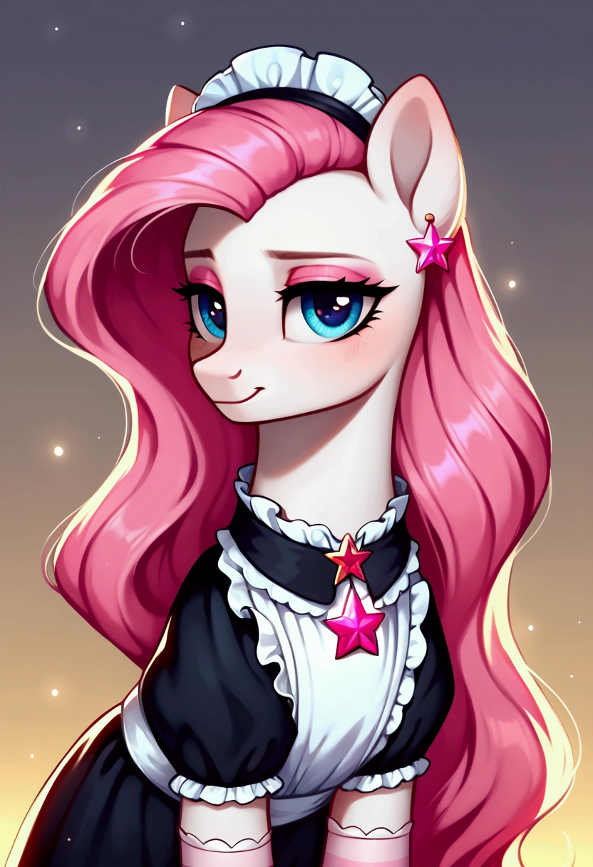 score_9,score_8_up,score_7_up,score_6_up, ((my little pony)), radiant lighting, vibrant colors, whimsical atmosphere, 8K, high resolution, highly detailed, masterpiece, (shy look), ((pony body)), ((brightness white body)), blue eyes, (maid costume), striped stockings, star pendant, earrings, eyeshadow, (very long pink hair:1.3), (((seductive look)))