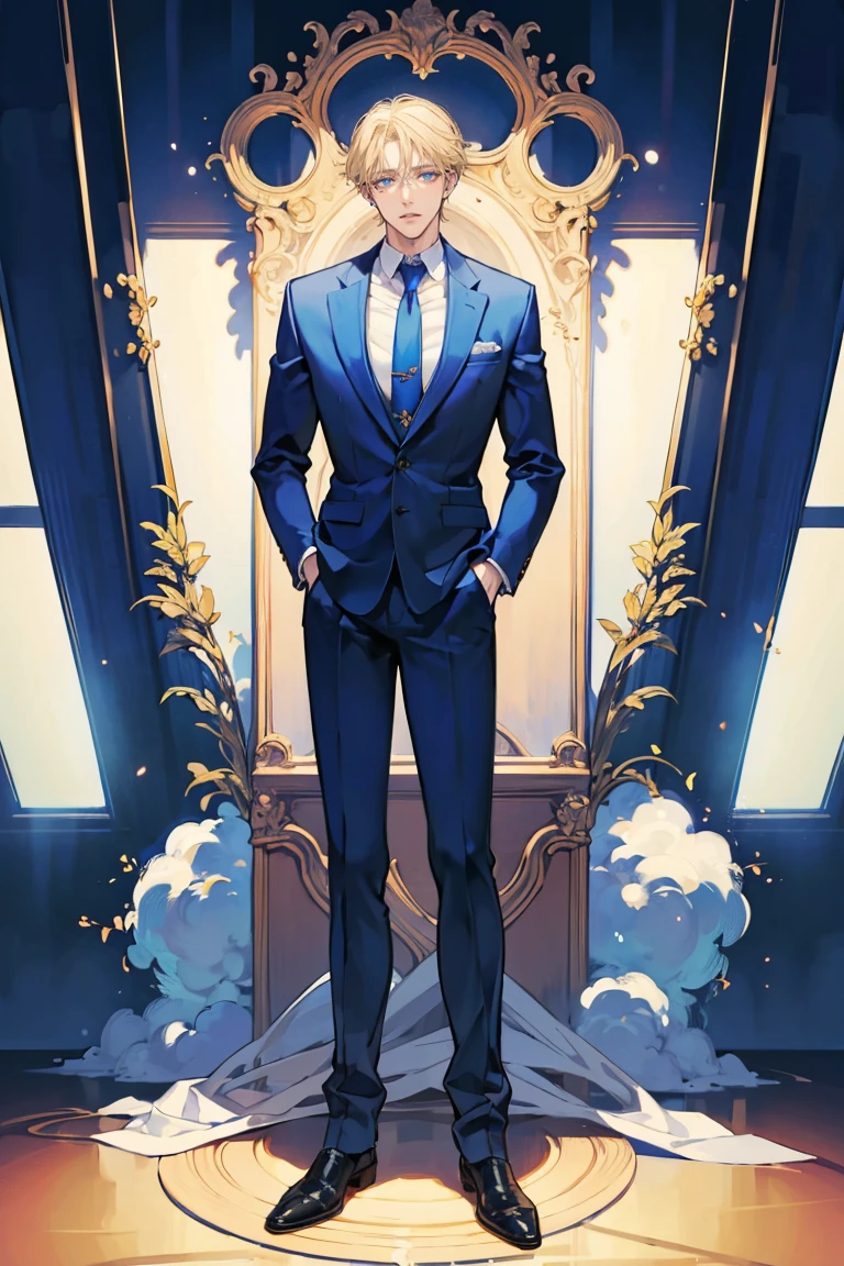 (masterpiece), best quality, seductive eyes, perfect face, handsome man, blue eyes, side part blonde hair, long nose, tan brown skin, business suit, blue necktie, extremely tall man, long legs, long calves, full body, tall man, long legs, anime cover, 1boy, ear piercings, facial piercings, hands in pockets, adult-like look, pretty but mature man