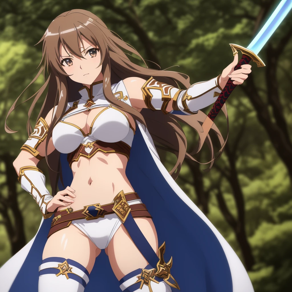 Illustration, Asuna Yuuki, Sword Art Online, anime girl, long brown hair (curly, and with a few loose strands), kind expression (with a hint of determination), white and blue armor (detailed, intricate, and with a few scratches), large breasts (34C, firm, and perky), athletic build (lean, and with a subtle six-pack), smooth skin (porcelain-like complexion, with a subtle sheen), toned arms (muscular, and with a few scars), intricate details (dainty fingers, with a few rings, and a sword on her right hand), dynamic pose (standing forward, with her right hand holding the sword, and her left hand on her hip), soft lighting (warm, and with a few highlights), background (a blurred, fantasy-inspired landscape, with a few trees), camera angle (slightly above, with a subtle tilt), 4k, high resolution, ultra high resolution, intricate detail, detailed texture, adventurous atmosphere, solo character, single figure