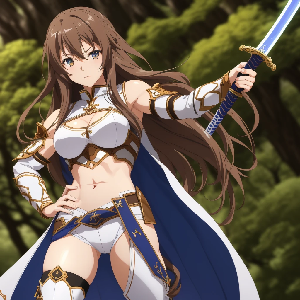 Illustration, Asuna Yuuki, Sword Art Online, anime girl, long brown hair (curly, and with a few loose strands), kind expression (with a hint of determination), white and blue armor (detailed, intricate, and with a few scratches), large breasts (34C, firm, and perky), athletic build (lean, and with a subtle six-pack), smooth skin (porcelain-like complexion, with a subtle sheen), toned arms (muscular, and with a few scars), intricate details (dainty fingers, with a few rings, and a sword on her right hand), dynamic pose (standing forward, with her right hand holding the sword, and her left hand on her hip), soft lighting (warm, and with a few highlights), background (a blurred, fantasy-inspired landscape, with a few trees), camera angle (slightly above, with a subtle tilt), 4k, high resolution, ultra high resolution, intricate detail, detailed texture, adventurous atmosphere, solo character, single figure