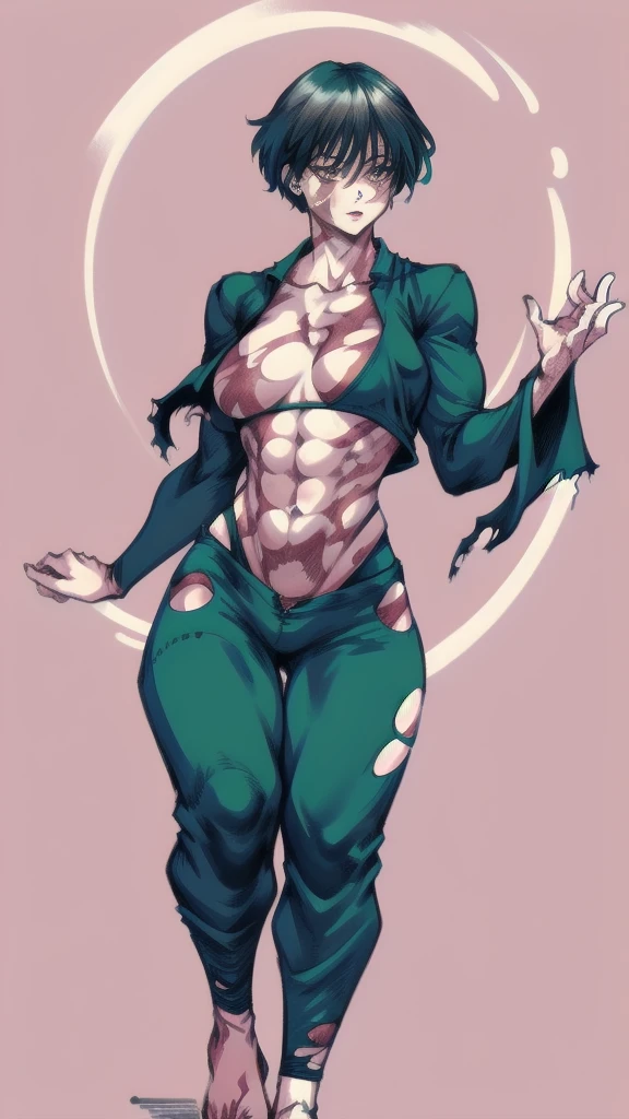 Full body image of Maki Zenin from Jujutsu Kaisen, full body in image, wearing her post-clan outfit (sleeves torn, harem pants), visible scars, short dark hair, female body, athletic and muscular body, dynamic pose, detailed pose, simple background, expressive face showing determination, focus on face, line art, sketch