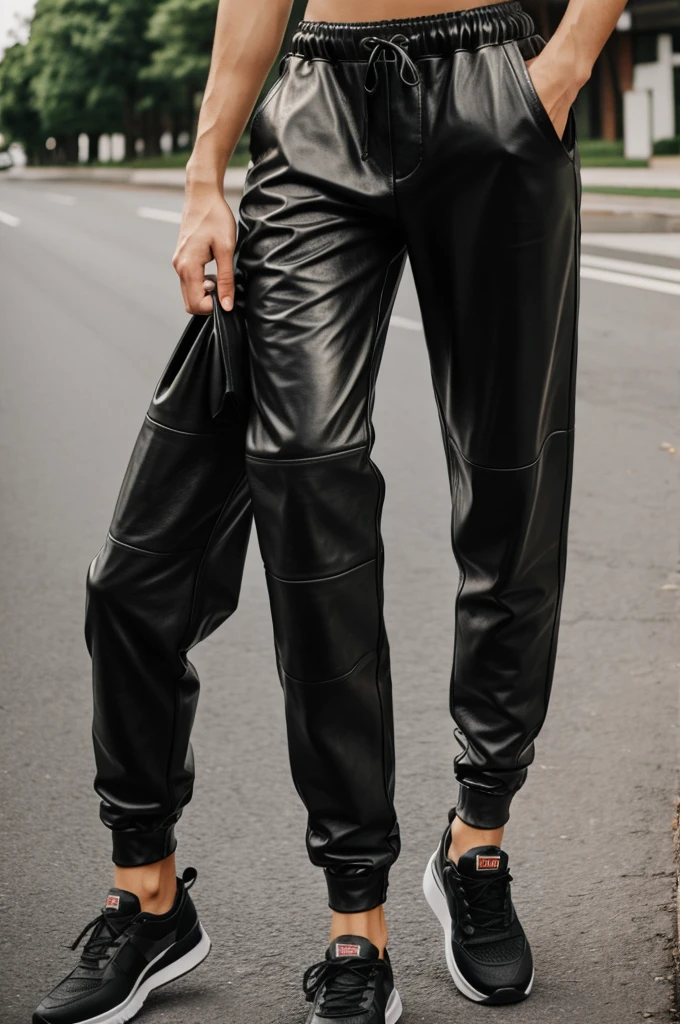 A person wearing leather joggers