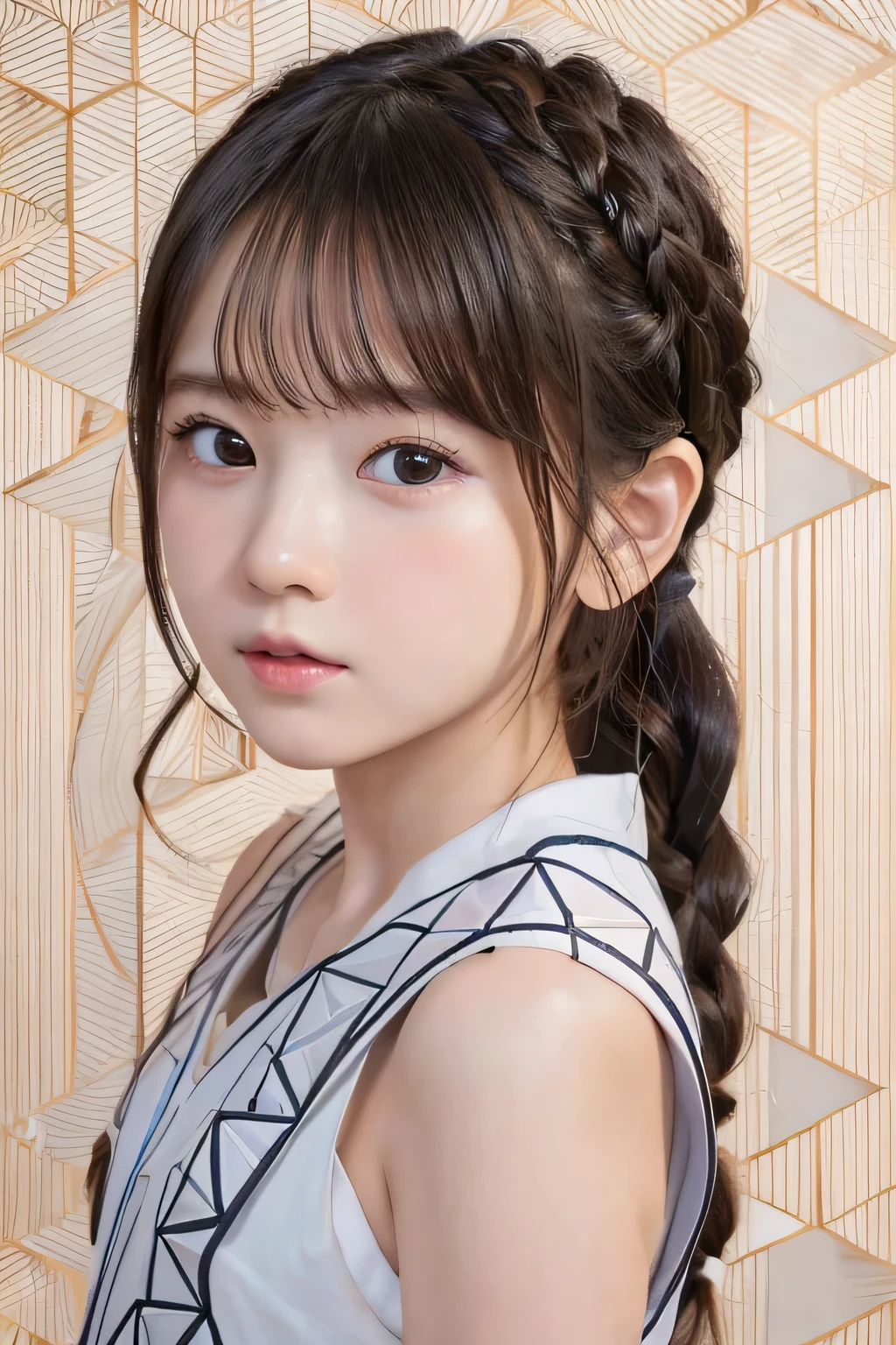 (8K, RAW Photos, Highest quality, masterpiece)、Anatomically correct、slim、cute、Baby Face、One girl、(************)、(Face shot close up)、French Braid、(Geometric Background:1.5)