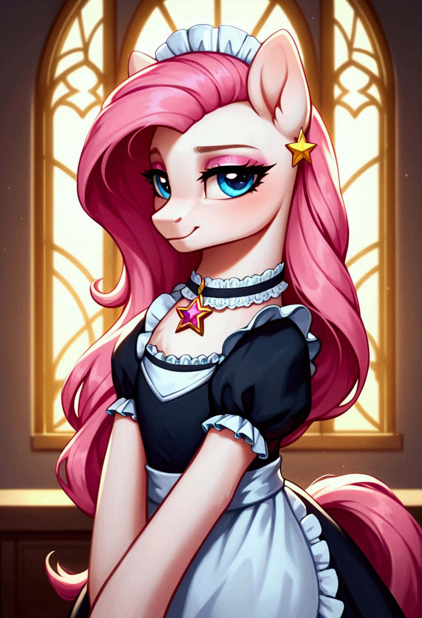 score_9,score_8_up,score_7_up,score_6_up, ((my little pony)), radiant lighting, vibrant colors, whimsical atmosphere, 8K, high resolution, highly detailed, masterpiece, (shy look), ((pony body)), ((brightness white body)), blue eyes, (maid costume), striped stockings, star pendant, earrings, eyeshadow, (very long pink hair:1.3), (((seductive look)))
