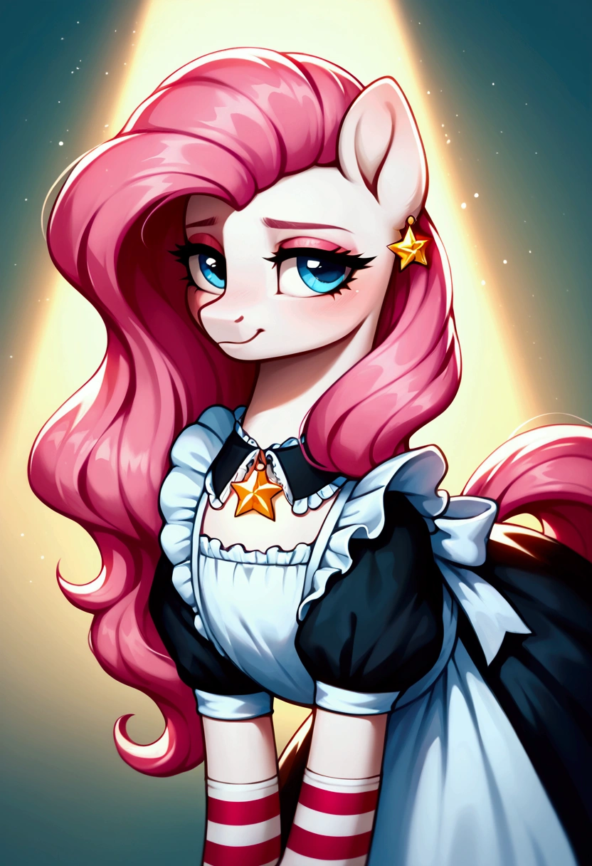 score_9,score_8_up,score_7_up,score_6_up, ((my little pony)), radiant lighting, vibrant colors, whimsical atmosphere, 8K, high resolution, highly detailed, masterpiece, (shy look), ((pony body)), ((brightness white body)), blue eyes, (maid costume), striped stockings, star pendant, earrings, eyeshadow, (very long pink hair:1.3), (((seductive look)))