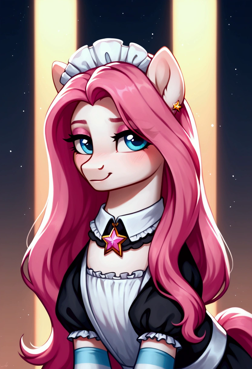 score_9,score_8_up,score_7_up,score_6_up, ((my little pony)), radiant lighting, vibrant colors, whimsical atmosphere, 8K, high resolution, highly detailed, masterpiece, (shy look), ((pony body)), ((brightness white body)), blue eyes, (maid costume), striped stockings, star pendant, earrings, eyeshadow, (very long pink hair:1.3), (((seductive look)))