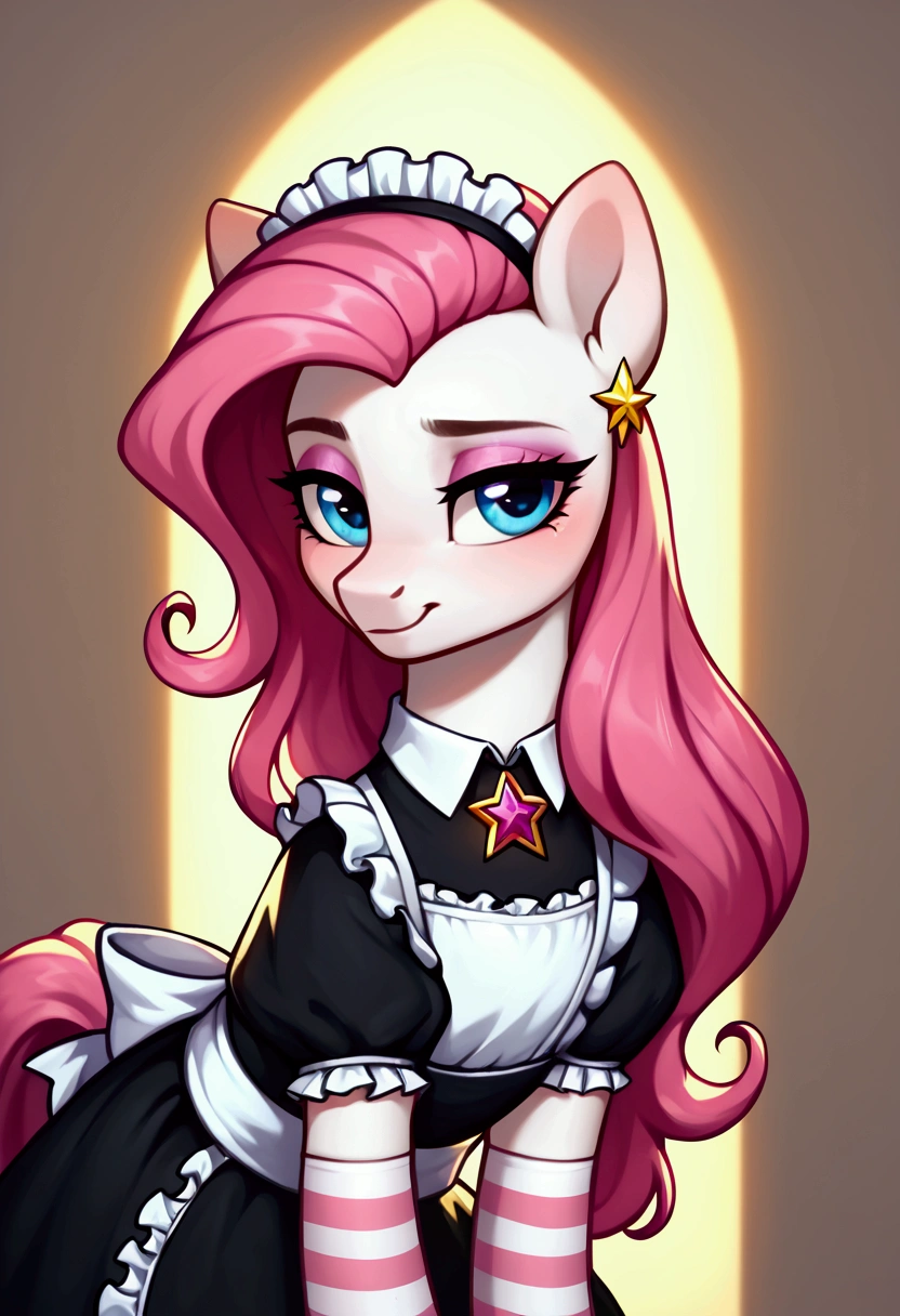 score_9,score_8_up,score_7_up,score_6_up, ((my little pony)), radiant lighting, vibrant colors, whimsical atmosphere, 8K, high resolution, highly detailed, masterpiece, (shy look), ((pony body)), ((brightness white body)), blue eyes, (maid costume), striped stockings, star pendant, earrings, eyeshadow, (very long pink hair:1.3), (((seductive look)))