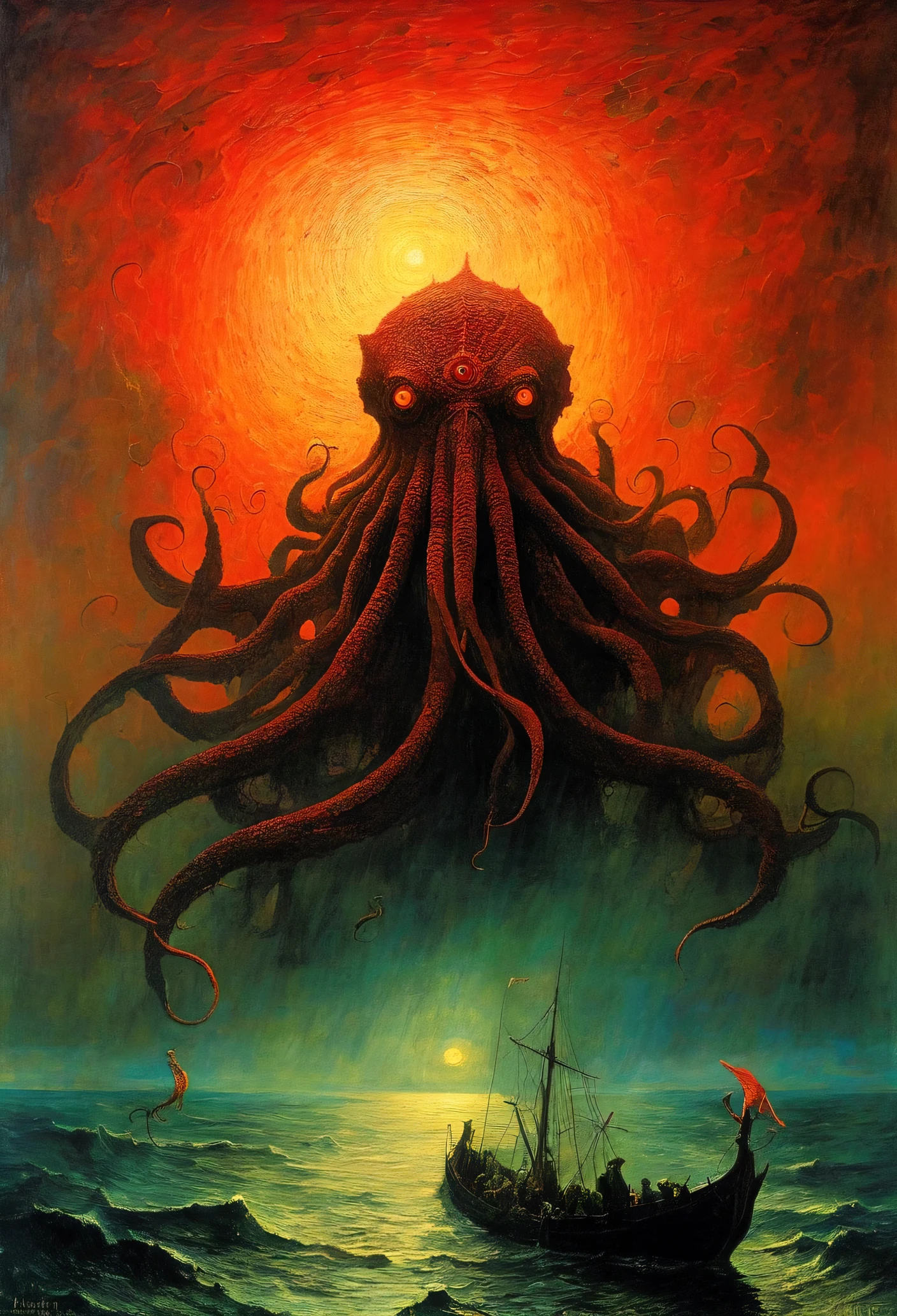Mythical creatures, author:Zdzislaw Beksiński and Vincent van Gogh, Red moon and big eyeucha、Cthulhu